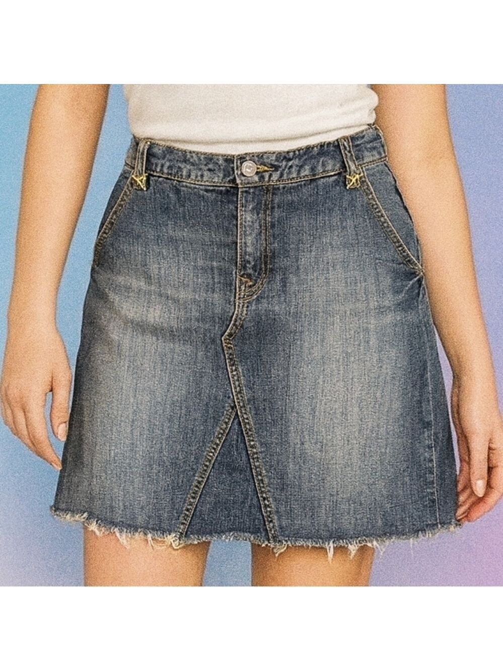 Banana Republic Y2K Denim Skirt Raw Hem Distressed A-Line Medium Wash Size 4